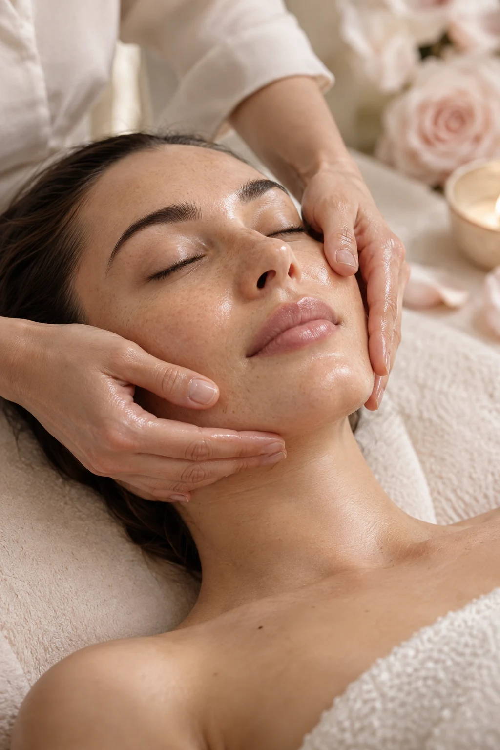 Gentle facial massage in a serene skincare studio
